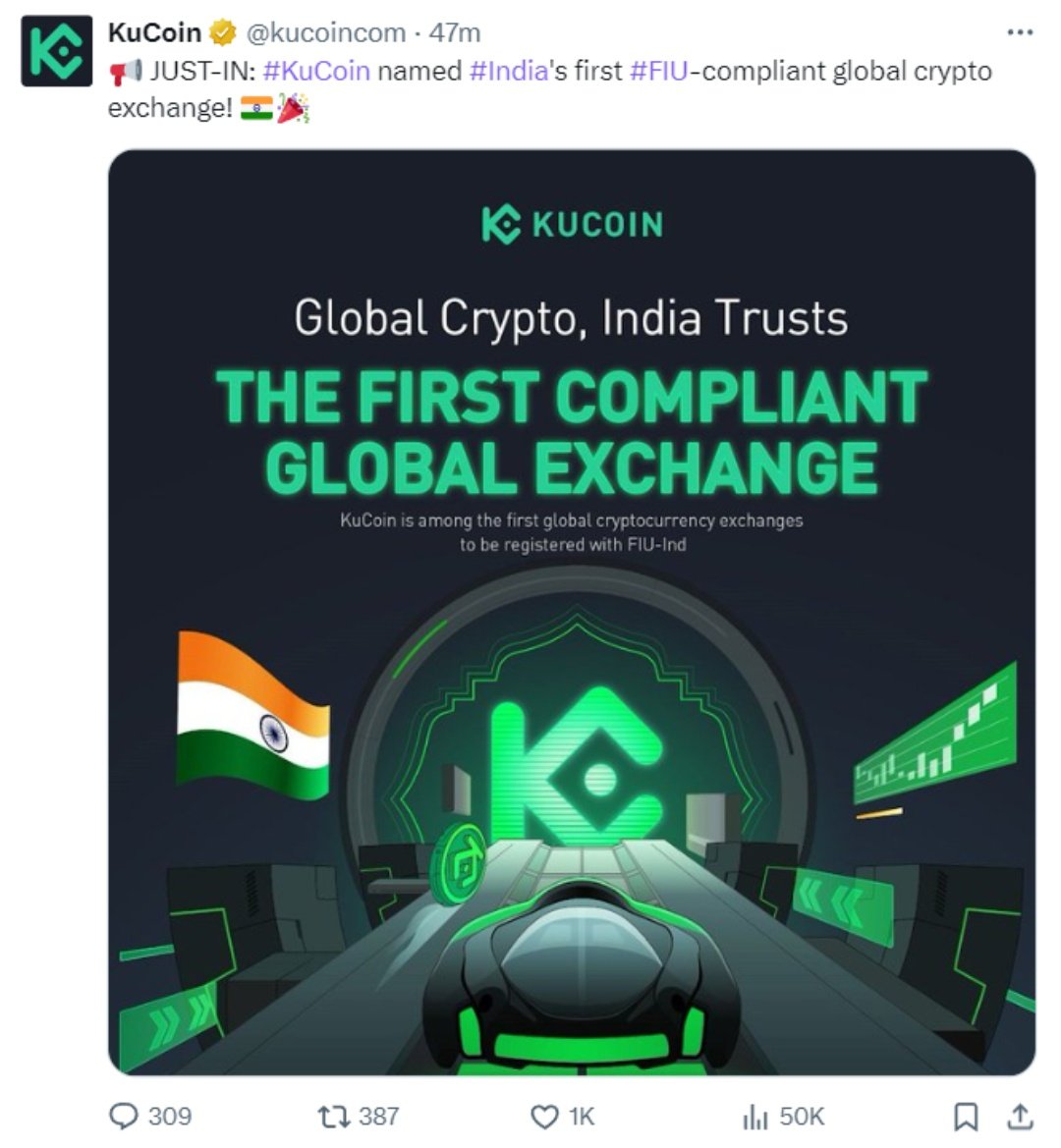 Big News For Indian Crypto Trader Guys 

#KuCoin is India's First #FIU-Compliant Global Crypto Exchange . @pushpendrakum @MoneyGuruYT @Moneygurudigi @wiseadvicesumit