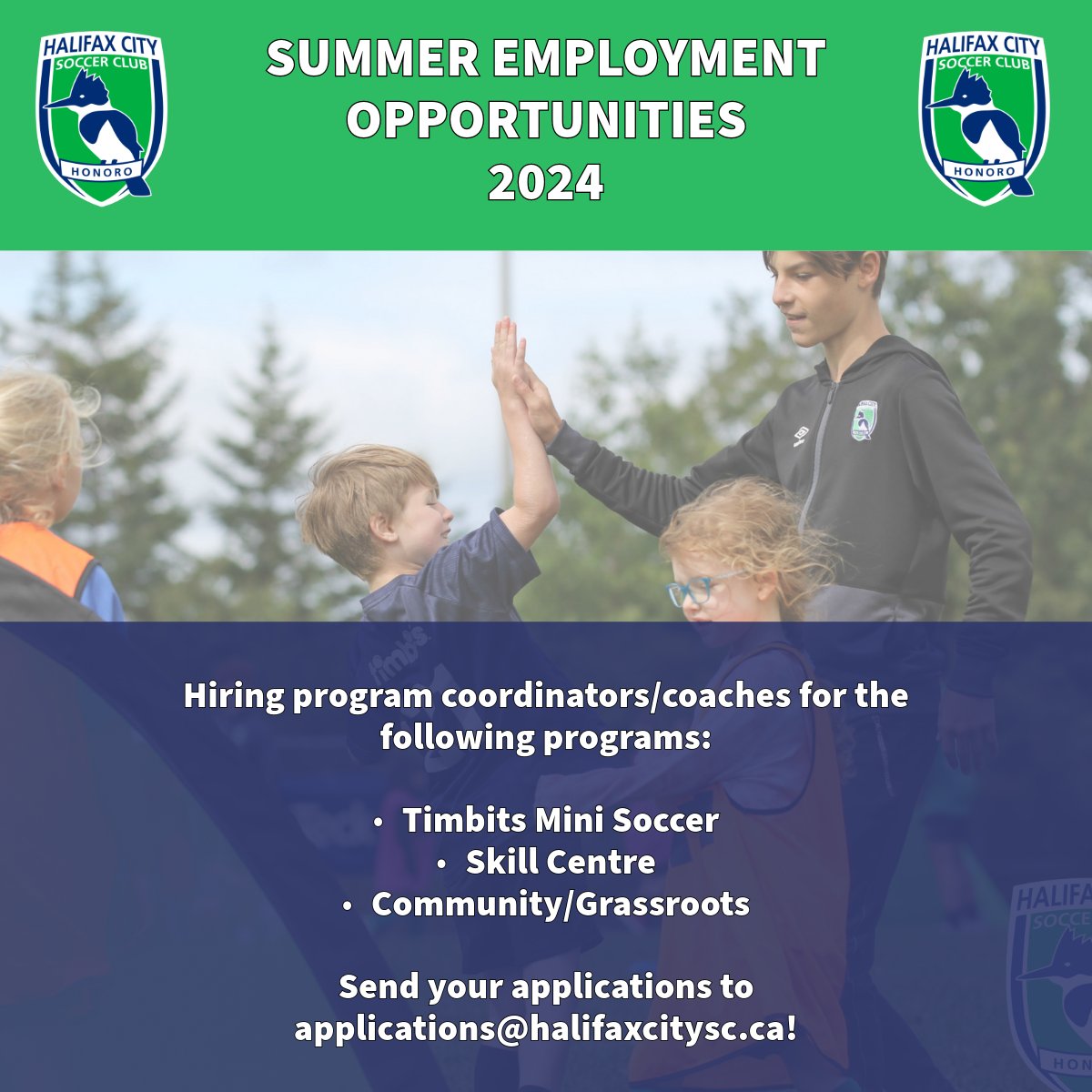 🚨SUMMER EMPLOYMENT OPPURTUNITIES🚨

We're hiring summer staff for the following programs:

- Timbits Mini Soccer
- Skill Centre 
- Community/Grassroots

Find out more at 
hfxcitysoccer.ca/content/summer…

Deadline to apply is March 24th @ 11:59pm