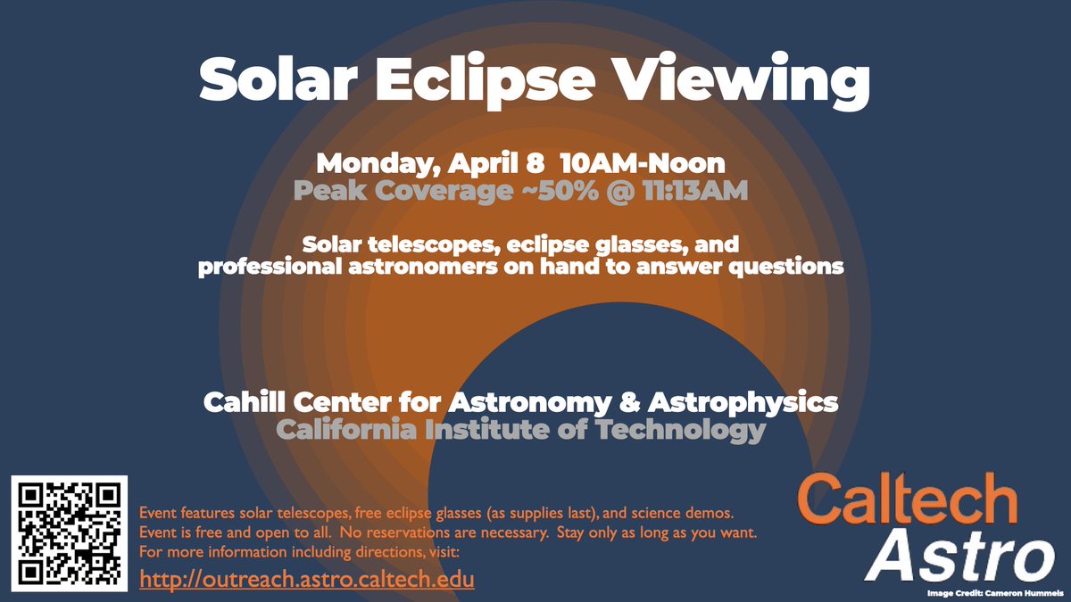 Want to view the partial solar eclipse from here in LA? Join us at Caltech for our solar eclipse viewing party on Monday, April 8 from 10AM-Noon. We'll have solar telescopes, free eclipse glasses, and astrophysicists on hand to answer questions. outreach.astro.caltech.edu