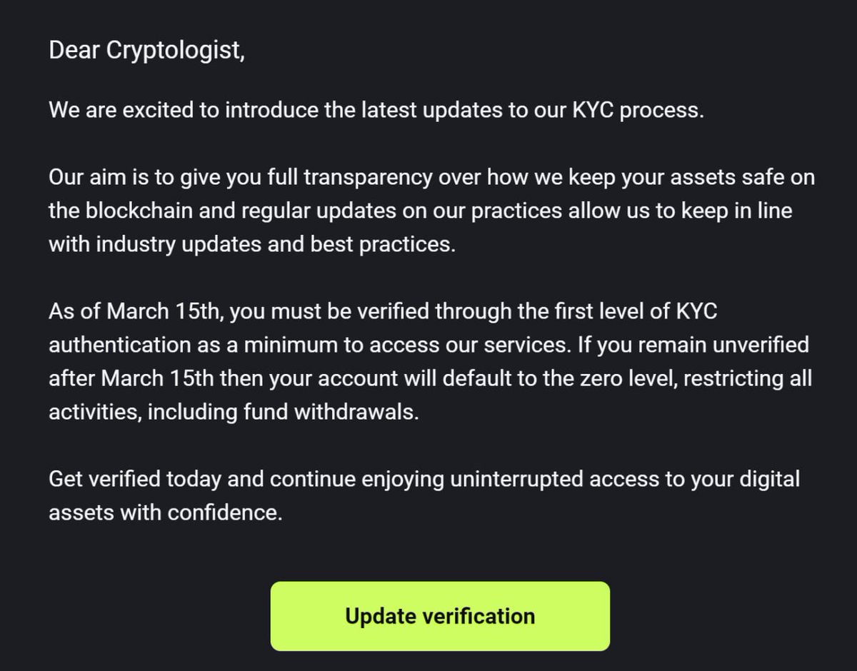 INFAM (@infam_platform) on Twitter photo Dear $INF holders, from March 15, 2024, the Cryptology exchange has launched KYC for all users
We recommend contacting the exchange support directly & withdrawing all your INF tokens. For withdrawal - support@cryptology.com
More information about $INF coming soon
Stay tuned👀 Dear $INF holders, from March 15, 2024, the Cryptology exchange has launched KYC for all users
We recommend contacting the exchange support directly & withdrawing all your INF tokens. For withdrawal - support@cryptology.com
More information about $INF coming soon
Stay tuned👀
