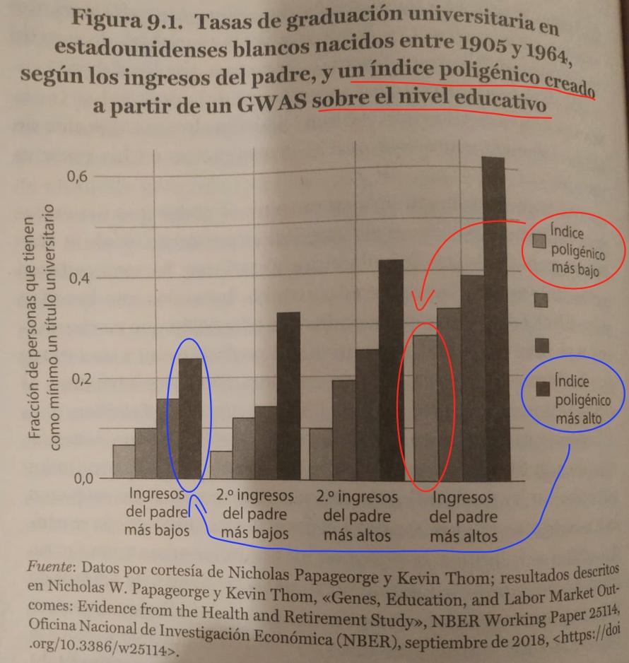 Para vaticinar el logro académico es mucho mejor predictor el nivel de ingresos familiares que la genética.
El 27% de los niños ricos con PRS de inteligencia bajos se gradúan en la universidad, mientras que solo el 24% de los niños pobres con PRS altos.
ncbi.nlm.nih.gov/pmc/articles/P…