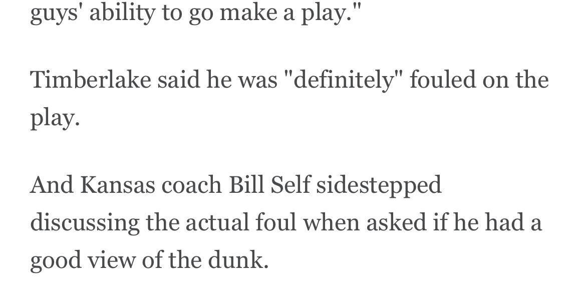 DTone32's tweet photo. For Timberlake to say he was definitely fouled and Bill Self not answer a question is disingenuous. They not going to reverse a call after the game but not to acknowledge a clear mistake with video evidence says a lot. #kansas #Samford #MarchMadness2024 https://t.co/13lvya6oJS