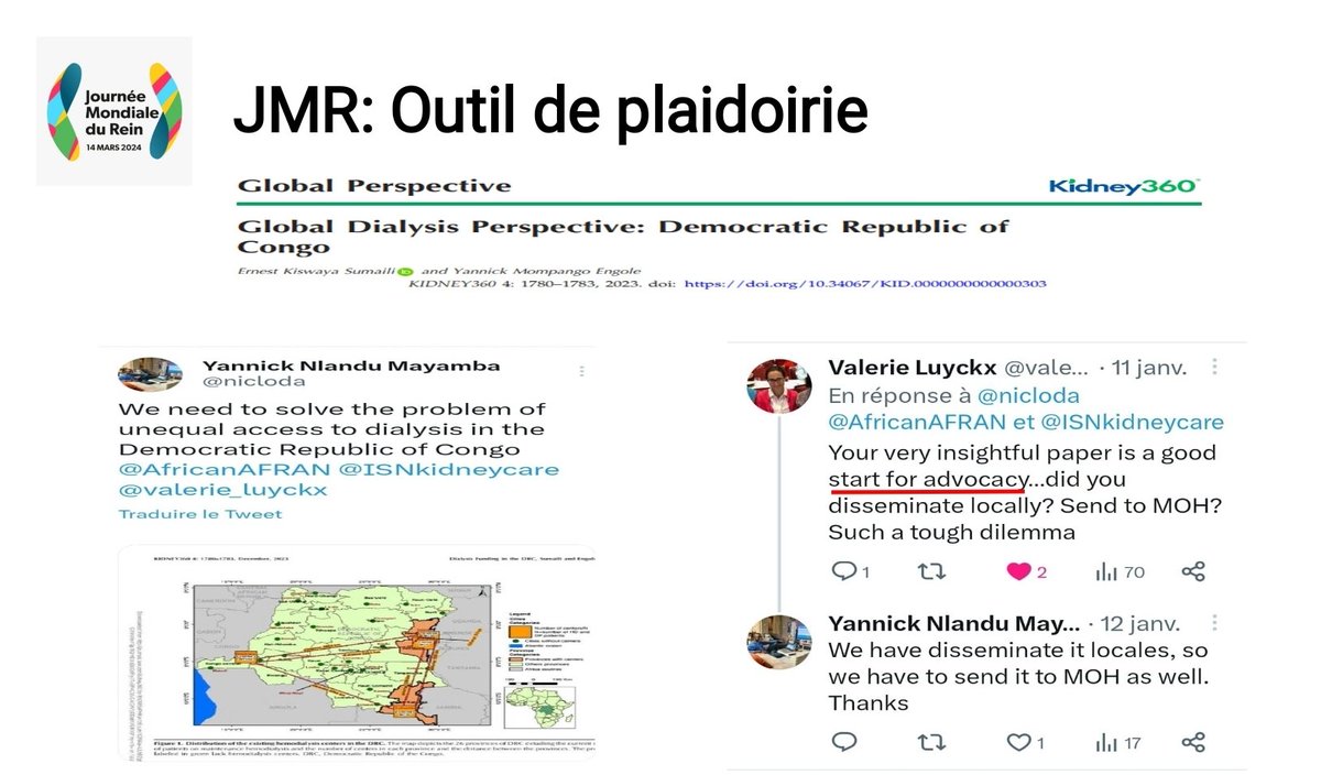 One of the slides i presented at a scientific session during WKD in kinshasa highlighted à message from @valerie_luyckx 'START FOR ADVOCACY'. We need to continue advocacy every day #ISNyoung @AfricanAFRAN.#WorldKidneyDay