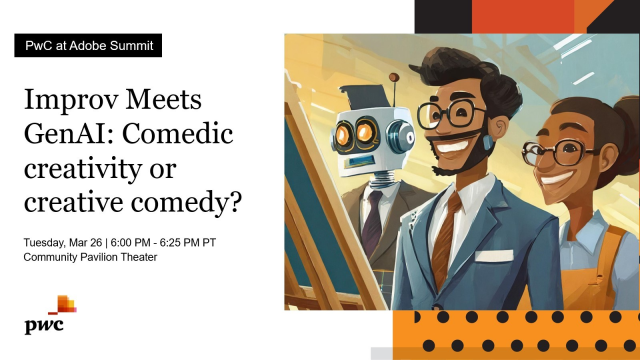 EmilyPillars's tweet photo. Dive into the heart of creativity and laughter at #AdobeSummit with PwC’s "Improv Meets GenAI," an explosion of improvisational genius. From scenes sparked by Adobe Firefly to tales spun from thin digital air, each moment is unscripted and unpredictable. https://t.co/xDL3YGRv7S https://t.co/JffGzk07z5