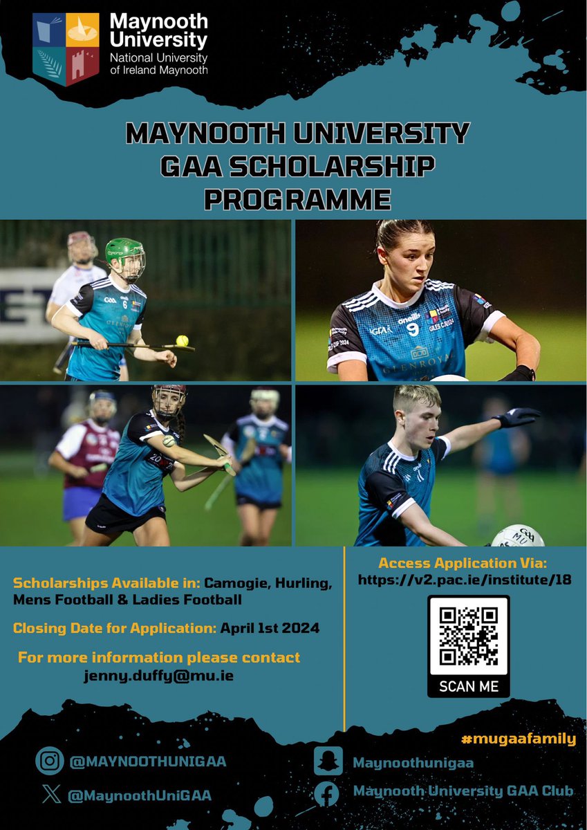MaynoothUniGAA's tweet photo. Maynooth University GAA Scholarship Programme is OPEN to incoming first year applicants for the 24/25 academic year. Maximise your playing potential while creating memories that will last a lifetime. 
CLOSING DATE 1st APRIL 2024.

Apply Here: https://t.co/G47FJpnNHK

#mugaafamily https://t.co/CC7HVyEaxx