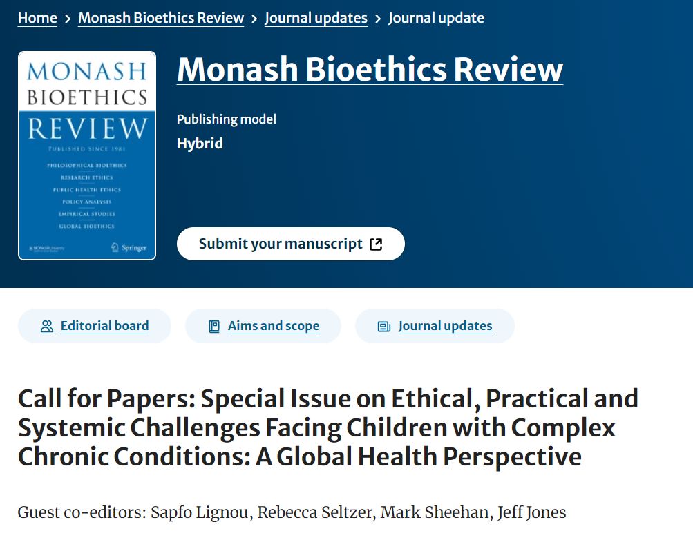 📢GLIDE call for papers for a special issue of Monash Bioethics Review Ethical, Practical and Systemic Challenges Facing Children with Complex Chronic Conditions: A Global Health Perspective Deadline 30 Sept 2024 oxjhubioethics.org/news/call-for-… @Ethox_Centre @bermaninstitute