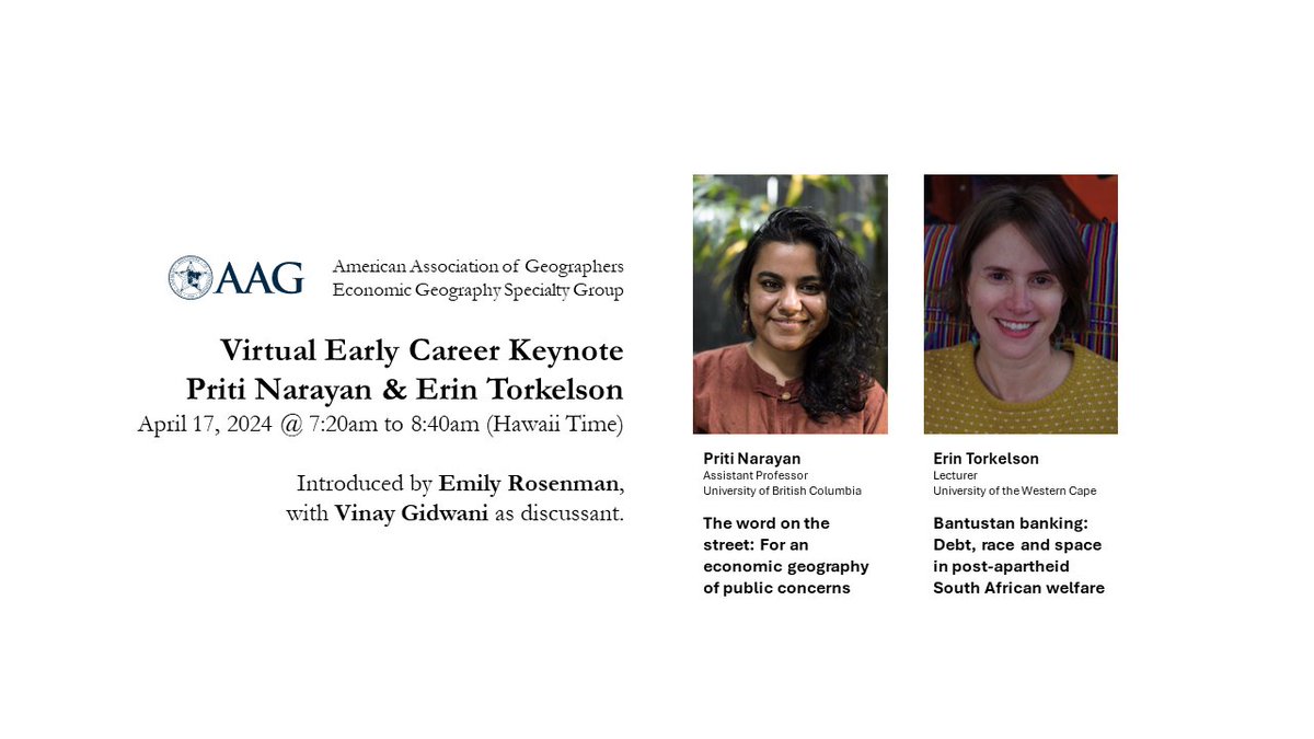AAG Economic Geography Specialty Group (EGSG) (@egsg_aag) on Twitter photo Join us virtually at the <a href="/theAAG/">American Association of Geographers</a> Annual Meeting on April 17 at 7:20am to 8:40am (HST) for the EGSG Early Career Keynote Lecture by <a href="/pnarayan05/">Priti Narayan</a> and @ErinTorkelson, with Vinay Gidwani as discussant.
Intro by <a href="/EmilyRosenman/">Emily Rosenman</a>. Link will be available on portal: aag.secure-platform.com/aag2024/solici… Join us virtually at the <a href="/theAAG/">American Association of Geographers</a> Annual Meeting on April 17 at 7:20am to 8:40am (HST) for the EGSG Early Career Keynote Lecture by <a href="/pnarayan05/">Priti Narayan</a> and @ErinTorkelson, with Vinay Gidwani as discussant.
Intro by <a href="/EmilyRosenman/">Emily Rosenman</a>. Link will be available on portal: aag.secure-platform.com/aag2024/solici…
