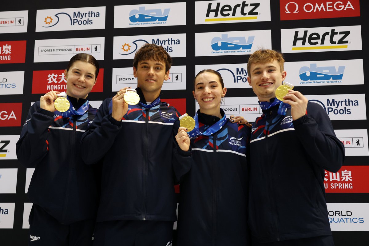 World Cup GOLD in Berlin 🤩

Andrea Spendolini Siriex, Tom Daley, Scarlett Mew Jensen, and Jack Laugher storm to top spot in the mixed 3m &amp; 10m team 🙌