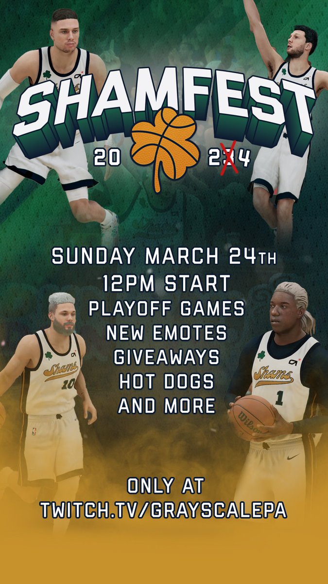PhilaShamrocks's tweet photo. SHAMFEST 2024. This Sunday at 12pm EST. Playoff Games. Hot Dogs. Giveaways and much much more. All day long. Only on @twitch. https://t.co/0NzsY8Hfos