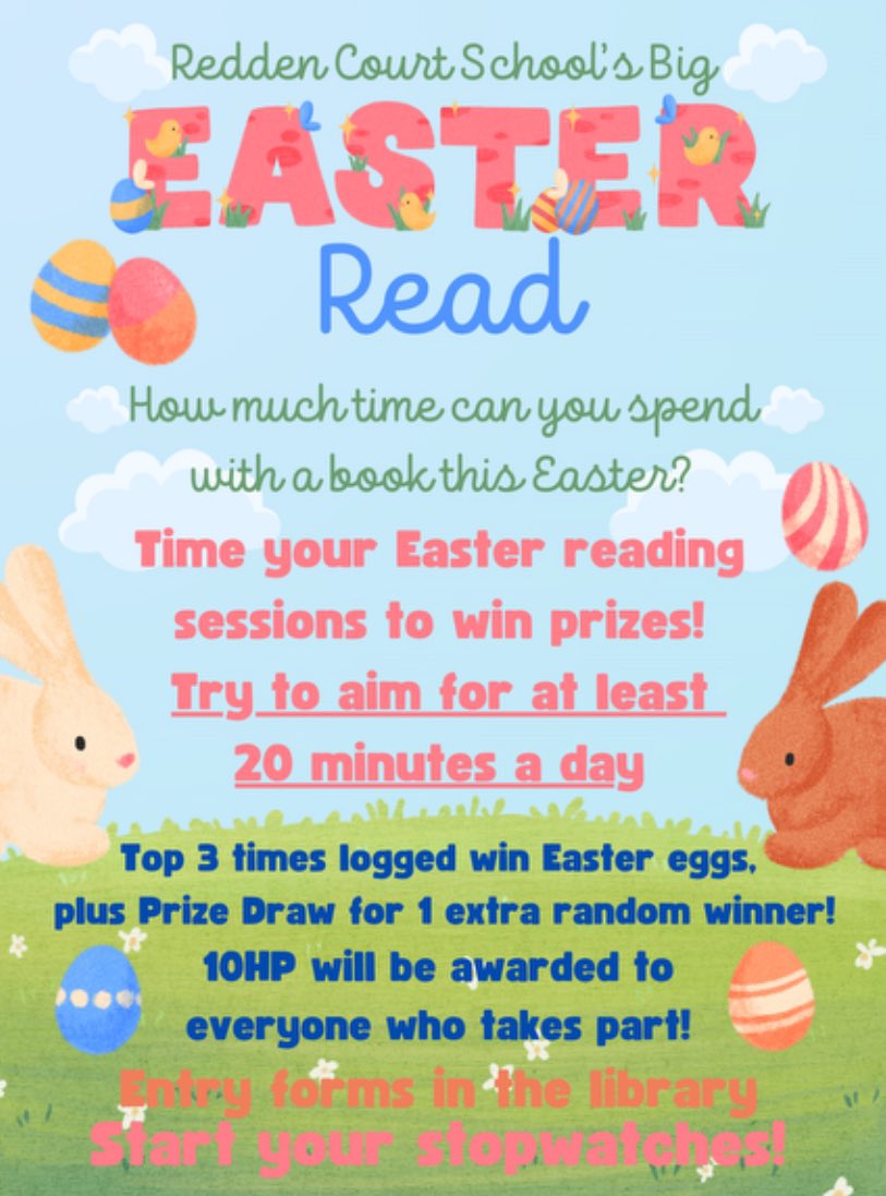🐣Get your reading books and stopwatches at the ready for @ReddenCourt’s ‘Big Easter Read’! House points will be awarded to all participants and the top three winners will be rewarded with Easter Eggs! See your English teacher or head to the library for an entry form!