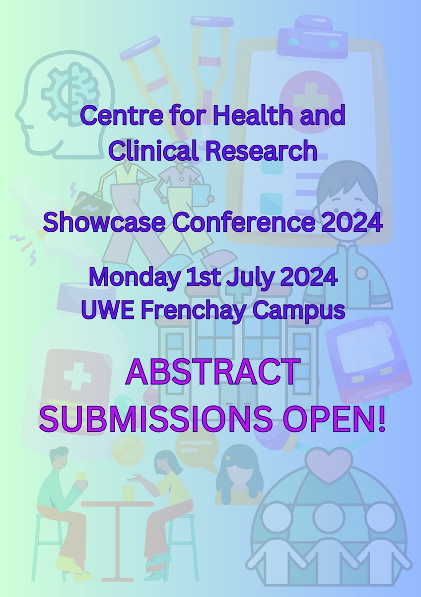 The @CHCR_UWE Showcase Conference 2024! 🌟 Monday 1st July, @UWEBristol Frenchay Registration details to follow. ABSTRACT SUBMISSIONS OPEN! Anyone with local research relevant to CHCR can submit for poster presentation, by 19th April. Info: @alisondiaper Please RT! #CHCR2024