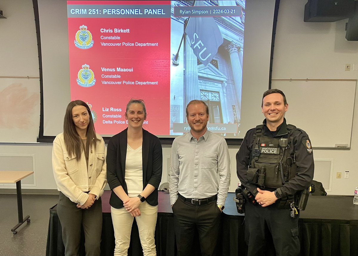 Closed out my #policing panel series for this semester w/ an impt discussion on #police #personnel! Thx to @VancouverPD’s @OutOnPatrolPres + Cst Maaoui and @deltapolice’s Cst Ross for sharing the work you are doing to advance policing w/ my @SFU @sfucriminology students! 🚔