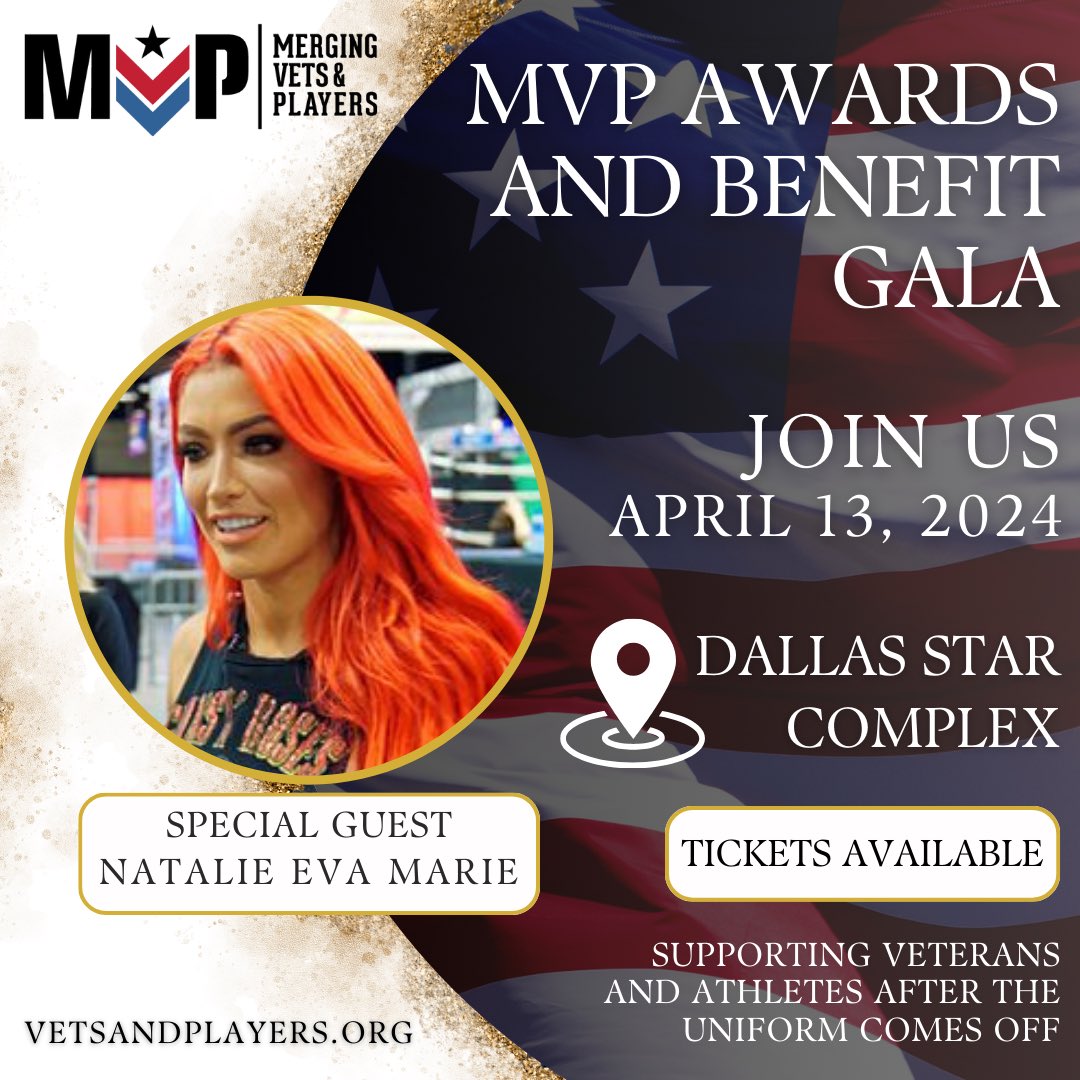 Just 3 weeks away from our 2nd Annual Gala! We’re thrilled to share the confirmed attendance of WWE Superstar @natalieevamarie on April 13th in Frisco, TX! Tickets, Tables, & Sponsorship Packages are still available! More info: vetsandplayers.org/mvp-gala-2024 #MVP #Veterans #Athletes