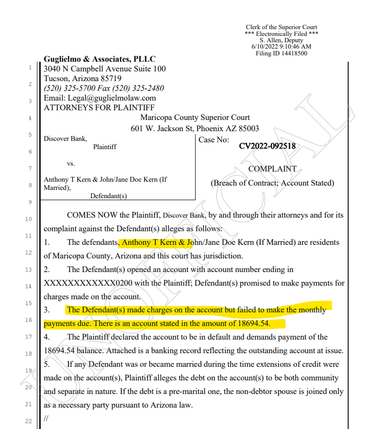 CoffinItUp's tweet photo. 5/ Tony and Jenny have been avoiding a Discovery Credit Card bill which was a "chargeoff" of $19K as of December/2021. It appears that they avoided service in one civil lawsuit from Discovery Bank launched in August of 2022. The debt was then sold to a debt collector (Absolute Resolutions Investments LLC) who launched another civil lawsuit in August of 2023. There was an affidavit of service for Mr. Kern in October of 2023 (proof he knows of the debt). The status of the case and the debt are unclear, but what is clear is that Mr. Kern owed at least $19,000 to a debt collector during the 12 months ended December 31, 2023. 

Now, there is a disclosure carve-out for "personal credit-card transactions". This is not what this is*. This is a credit card charge-off which is now owned by an aggressive debt-collector. In addition, the majority of the debt has nothing to do with "transactions", it has to do with 30% interest/legal/collection charges because you failed to pay for those transactions.

$19K of Household Debt Missing from Disclosure!

*And if anyone thinks it is, I would argue we need to re-write and/or clarify these rules…