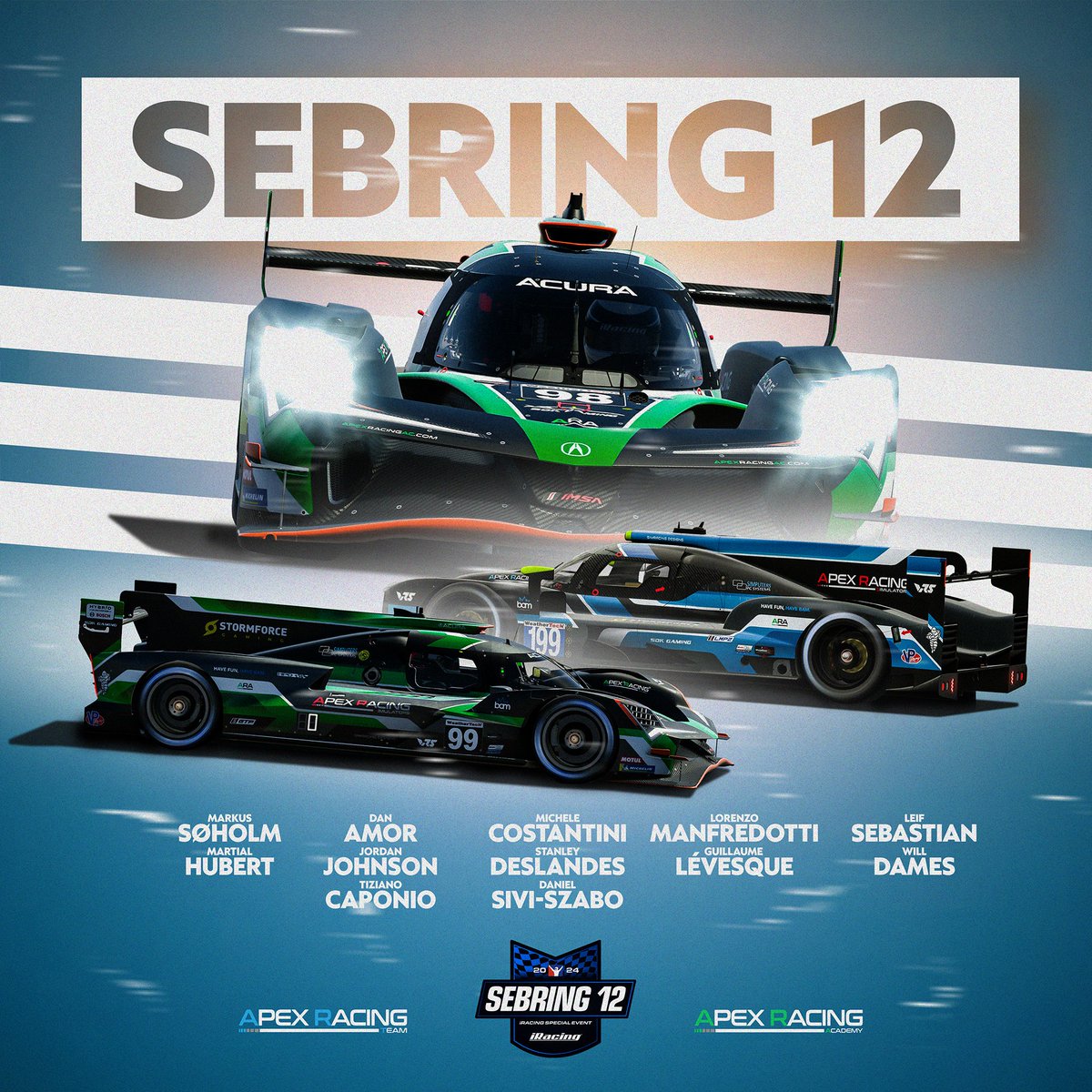 #Sebring12 - Ready for the bumps! 🇺🇸 Our line-ups to take on the legendary Sebring 12 Hours starting tomorrow! #apexracingteam #iracing #vcoesports