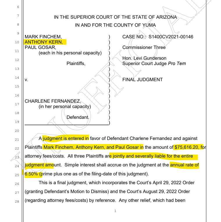 CoffinItUp's tweet photo. 6/ Next, a very obvious one! In August of 2022 Mr. Kern was found liable for $75K jointly and severally (with Gosar and Finchem) for legally harassing Democratic state Rep. Charlene Fernandez of Yuma.

Another $75K of Household Debt Missing from Disclosure (for both 2023 and 2022).