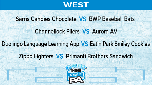 PAChamber's tweet photo. After an astonishing 45,000 votes cast in the first round, here are the second round matchups for the 2024 Coolest Thing Made in PA contest!  Voting for the second round begins at noon on Tuesday, March 26.  View the full bracket here: https://t.co/lkn07lS99l #CoolestThingPA https://t.co/JmBEVDapTF