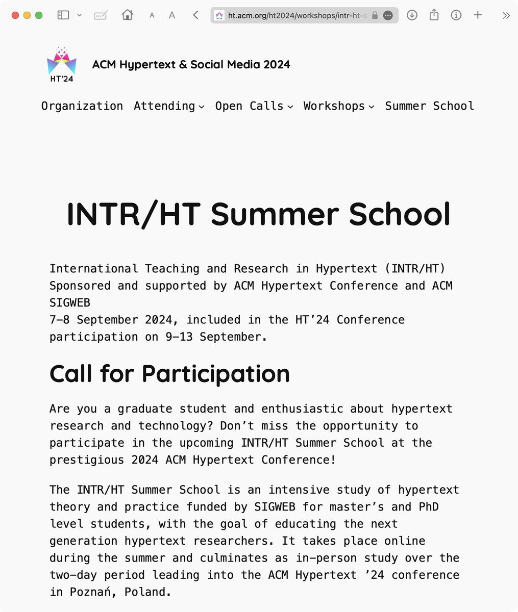 Claus Atzenbeck 🇪🇺 🔛 @clausatz@hci.social (@clausatz) on Twitter photo 📢 Calling all #students! Join us for the 1st HT #SummerSchool at ACM #Hypertext <a href="/ACMHT/">ACM Hypertext 2025</a> #HT2024, sponsored by <a href="/ACM_SIGWEB/">SIGWEB</a>, organized by <a href="/dgrigar/">Dene Grigar</a> & <a href="/clausatz/">Claus Atzenbeck 🇪🇺 🔛 @clausatz@hci.social</a>. This is an amazing opportunity to attend a top conference & learn from experts!
→ ht.acm.org/ht2024/worksho…
<a href="/TheOfficialACM/">Association for Computing Machinery</a> 📢 Calling all #students! Join us for the 1st HT #SummerSchool at ACM #Hypertext <a href="/ACMHT/">ACM Hypertext 2025</a> #HT2024, sponsored by <a href="/ACM_SIGWEB/">SIGWEB</a>, organized by <a href="/dgrigar/">Dene Grigar</a> & <a href="/clausatz/">Claus Atzenbeck 🇪🇺 🔛 @clausatz@hci.social</a>. This is an amazing opportunity to attend a top conference & learn from experts!
→ ht.acm.org/ht2024/worksho…
<a href="/TheOfficialACM/">Association for Computing Machinery</a>