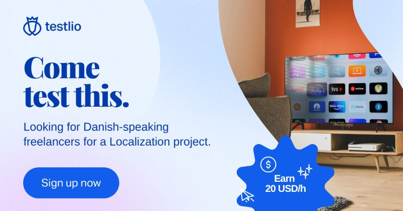TestlioNetwork's tweet photo. 🌍 Calling all Danish linguists! 🇩🇰 Are you fluent in Danish and passionate about social media? Join us as a freelance localization tester to check a social media app! Get paid $20/hour and help shape the global conversation! Apply now! #FreelanceJobs #LocalizationTesting