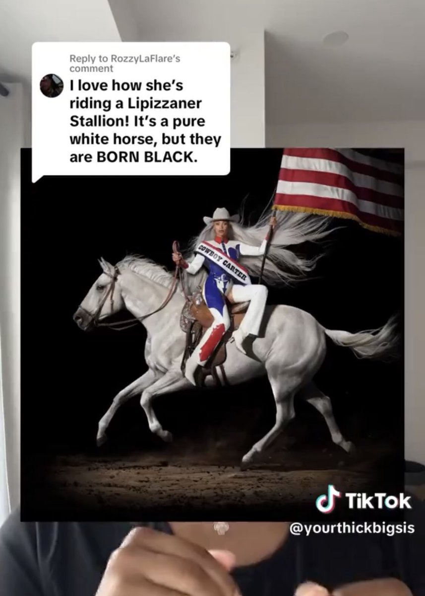 BeyhiveDexter's tweet photo. Lipizzaner Stallion (featured on COWBOY CARTER) are actually born black but later suffer a loss of pigmentation and turn white.
(just like a certain black music genre that was whitewashed 👀)

I’m crying at the amount of layers to this album cover 😭😭😭 https://t.co/lSEgc7Hgb7