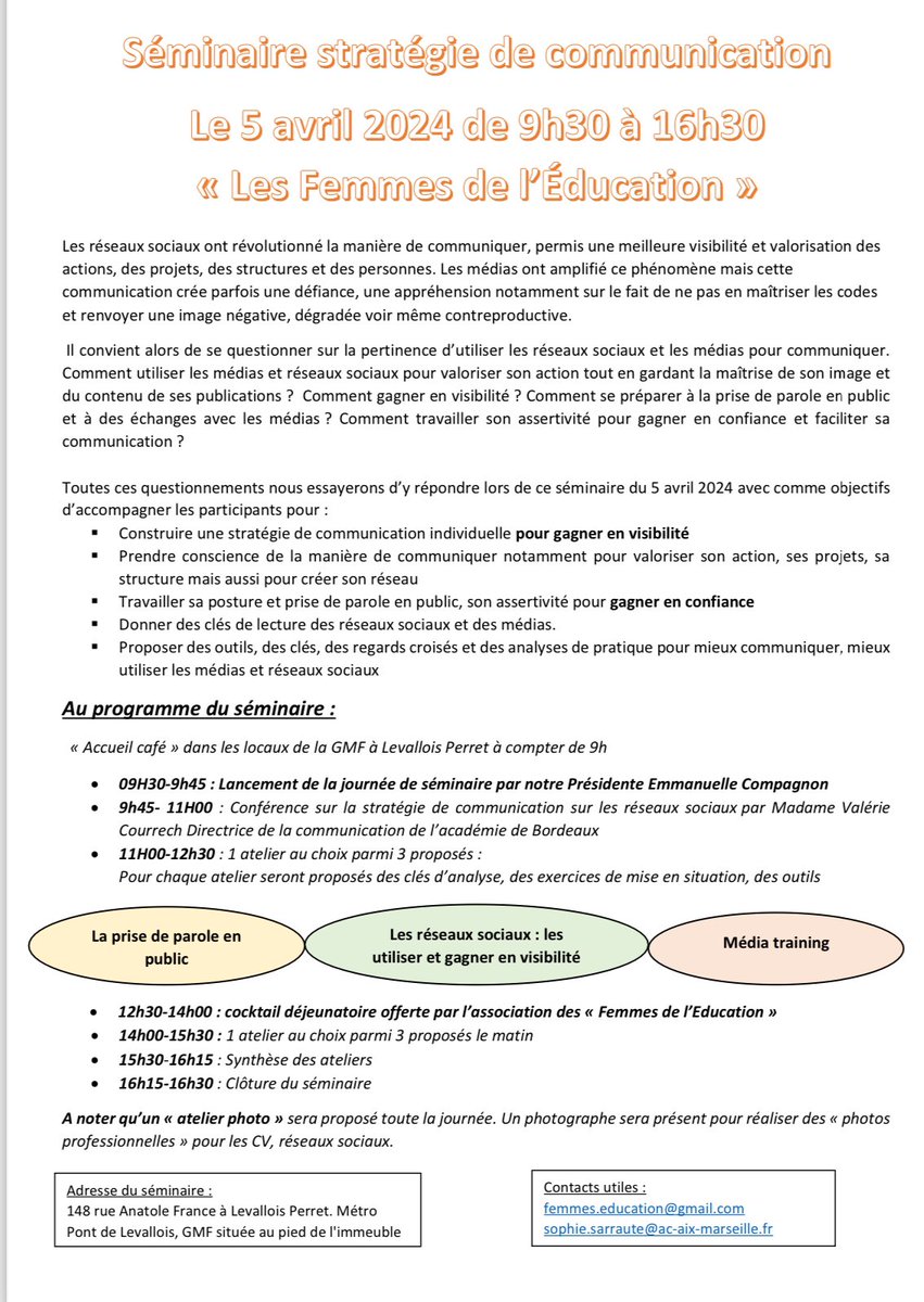 [#Save the date 5 avril 2024]

Les Femmes de l'Éducation ont le plaisir de vous convier à un évènement exceptionnel à l’occasion du séminaire sur la "Stratégie de communication" organisé par l'association

eventbrite.fr/e/seminaire-st…