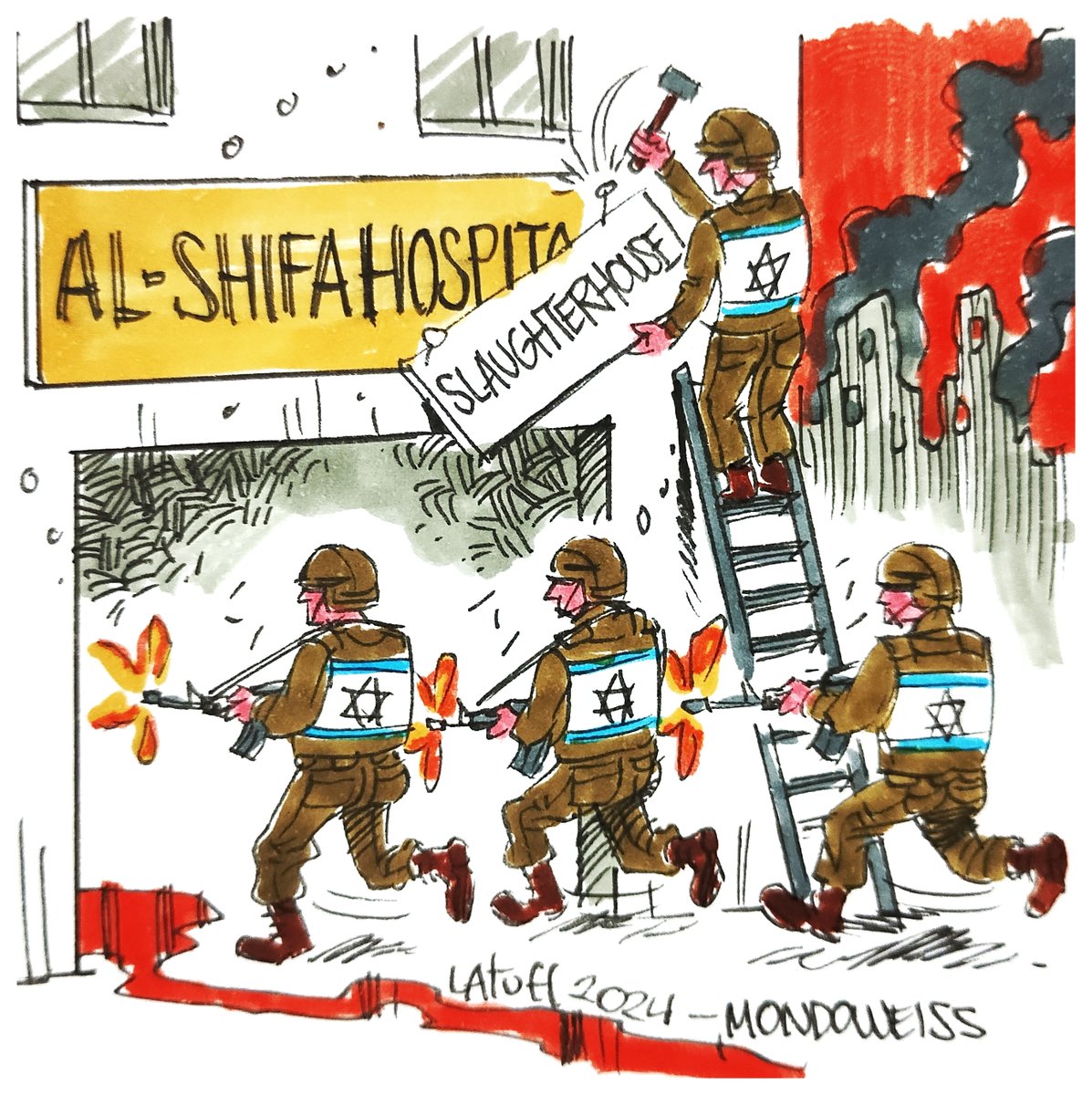 Mondoweiss's tweet photo. All eyes on al-Shifa Hospital.

Cartoon by @LatuffCartoons https://t.co/Ehr2hvS3RT