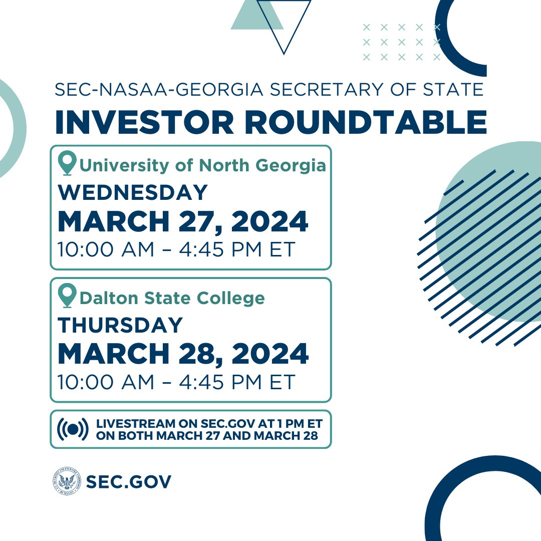 SECGov's tweet photo. We're partnering with @NASAA and the Georgia Secretary of State for two joint investor roundtables. 

Details: https://t.co/ztd0GsWqZc https://t.co/5SeONffemA