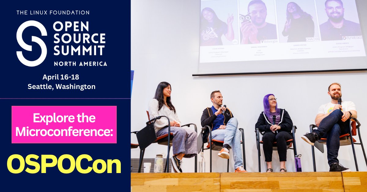 linuxfoundation's tweet image. 👉 Check out #OSPOCon @ #OSSummit North America - going live April 16-18 in Seattle! An event for those working in OSPOs that rely on #OpenSource technologies to learn &amp;amp; share best practices, experiences, &amp;amp; tooling to overcome challenges. 📚 Learn more: hubs.la/Q02p68zt0.