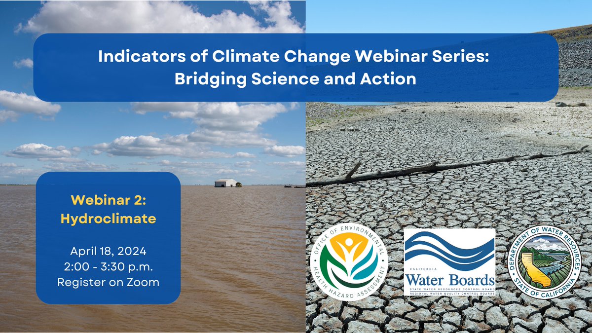 Happy #WorldWaterDay!

Learn more about #ClimateChange impacts on CA’s water at @OEHHA, @CA_DWR & @CAWaterBoards’s webinar on #hydroclimate April 18 at 2 pm. 🌊🌦️

Details coming soon on the #BridgingScienceAndAction webinar series webpage ➡️ bit.ly/4c9aeaB