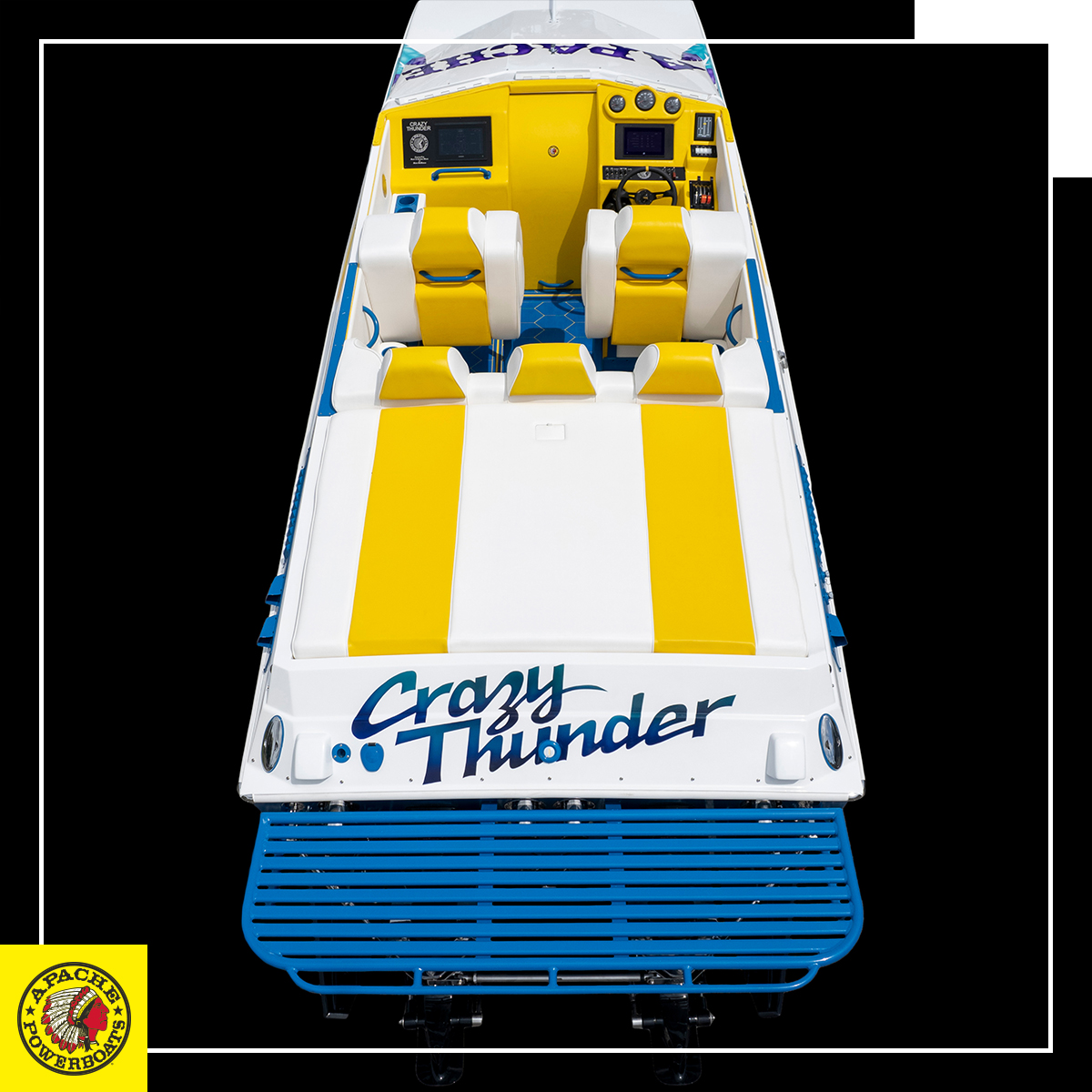 ApachePowerboat's tweet photo. Available now! The Apache 36’ Crazy Thunder stands reborn, meticulously restored by Mark McManus. Contact us today for this rare opportunity to own a piece of boating history infused with today’s luxury. #ApachePowerboats #OffshoreRacing #Quality #Power #Performance #Legendary https://t.co/jpOILw3LT7
