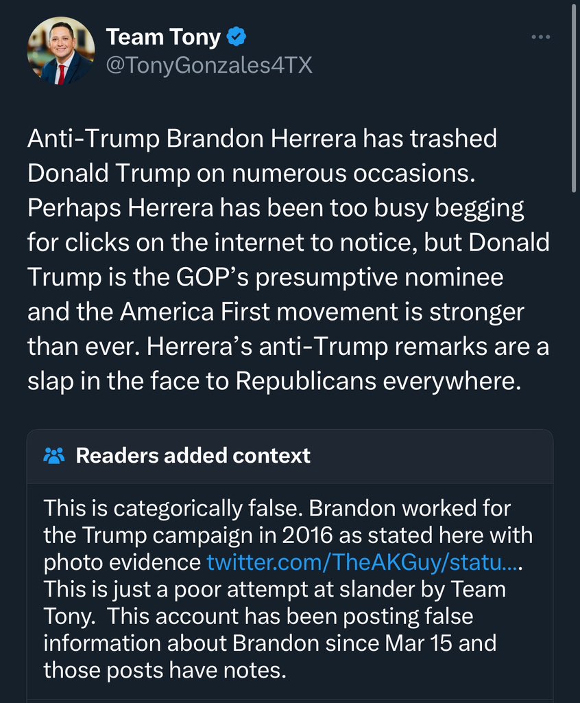 TheAKGuy's tweet photo. @TonyGonzales4TX This is getting exhausting, so I’m just gonna start ratio’ing you with X’s own community notes calling you out for lying like this before. https://t.co/mbYjxHBgLI