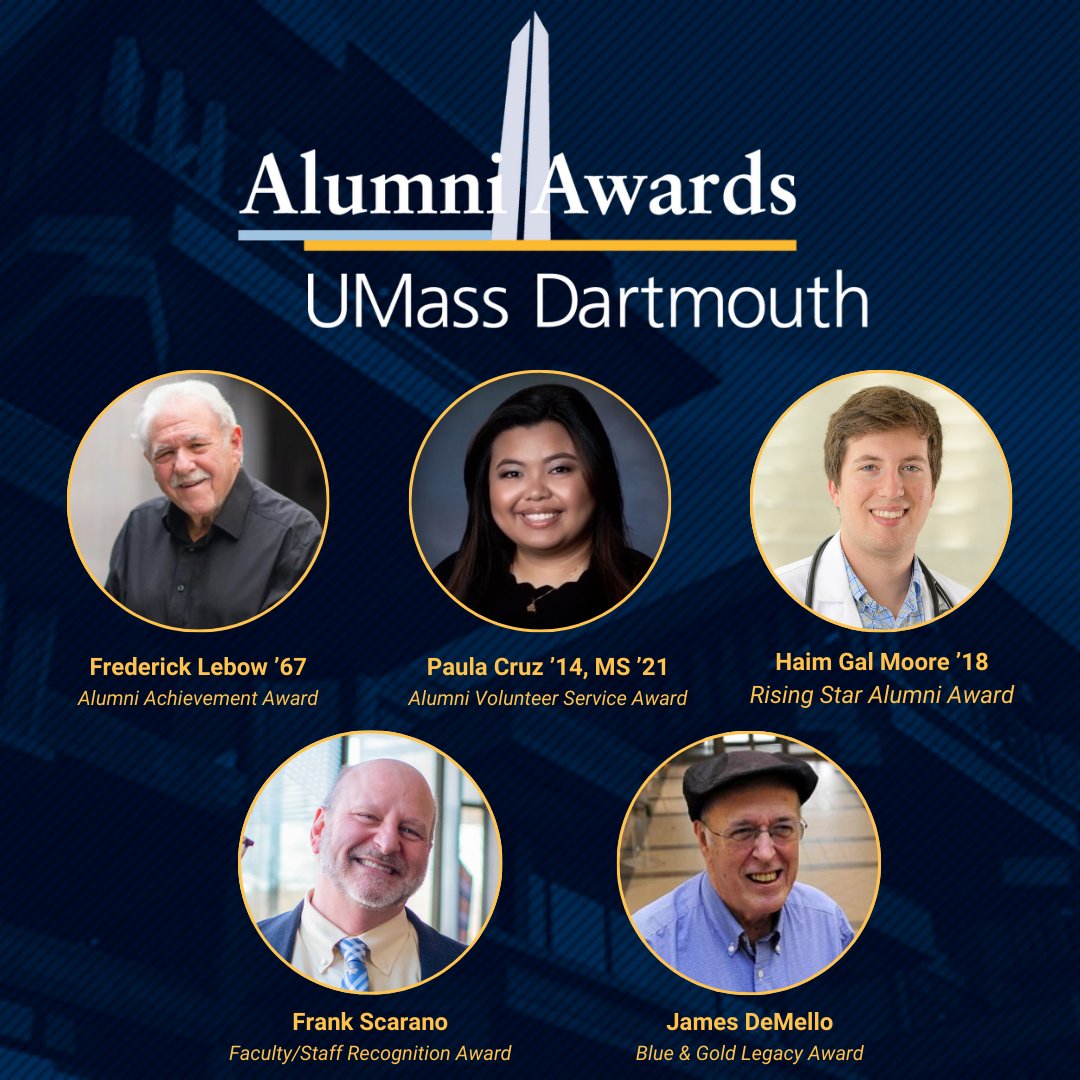Meet our award recipients! 🏆🥂 On April 17, the #UMassD community will gather at the 51st annual Alumni Awards to honor the career accomplishments & impactful service of five Corsairs! 💙💛 Read more about their hearts of blue and gold here! ➡️ brnw.ch/21wI8m1