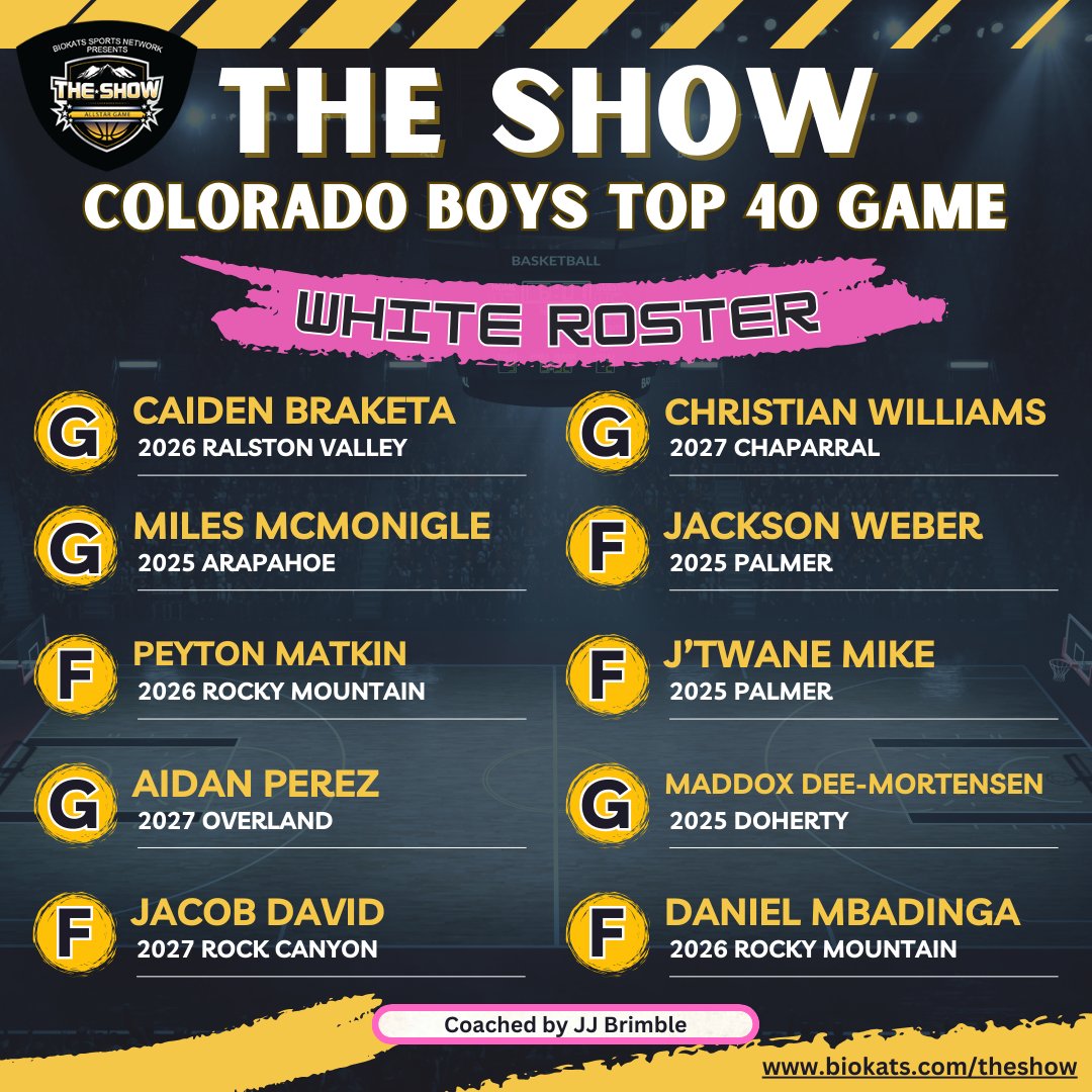 @TheShowColorado - Top 40 Boys White team Game is March 22nd at 8pm at Metro State University @CaidenBraketa @MilesMcmonigle @MatkinPeyton AidenPerez @GoldenBoysRC JacksonWeber @jtwane_mike3 GunnerHughes @ahswarriors @OHShoopSquad @CanyonHoops @Chap_Hoops