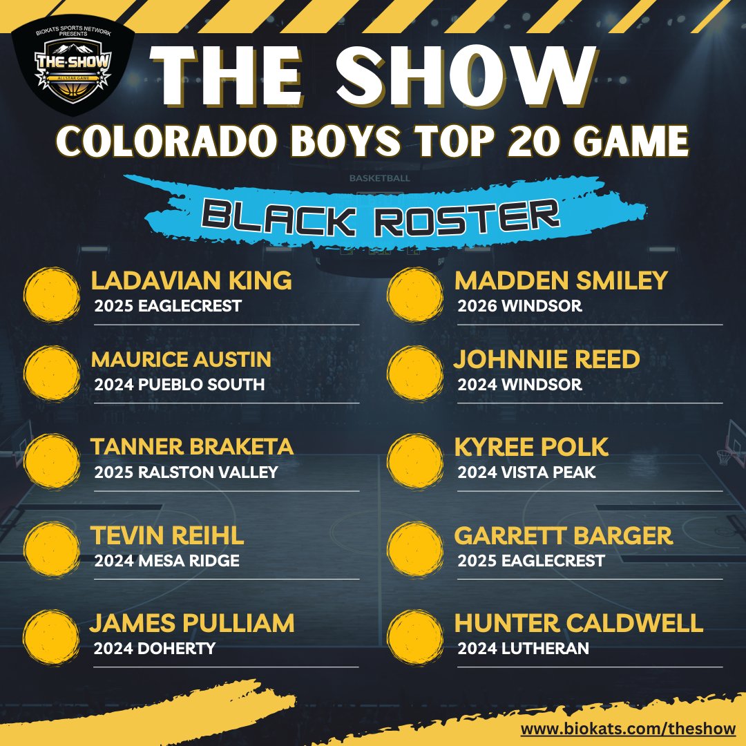 @TheShowColorado - Top 20 Boys Black team. Game is March 23rd at 6:30pm at Metro State University @raptorathletics @PuebloSouthBB @HS_MUSTANGS @MRHSGRIZZLIES @Doherty_Hoops @WindsorHSHoops @vistapeakbball @hunterCaldwell0