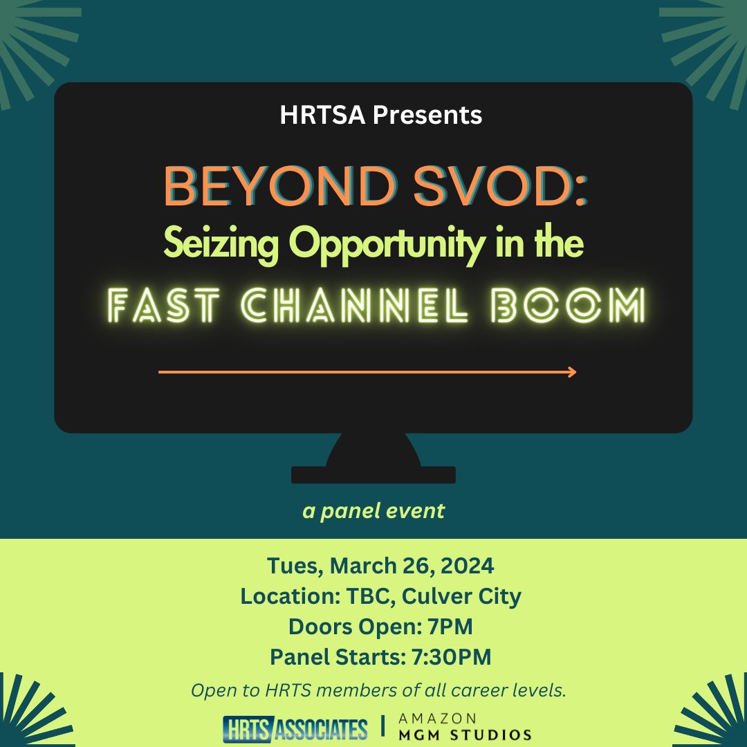 HRTSOfficial's tweet photo. Join visionaries of free ad-support television (FAST) to learn about the industry landscape in relation to traditional TV, streaming, cable, &amp; broadcast; potential areas for growth &amp; job opportunities &amp; the future trajectory of FAST. This event is presented by HRTS Associates LA. https://t.co/gRwtaGkd66