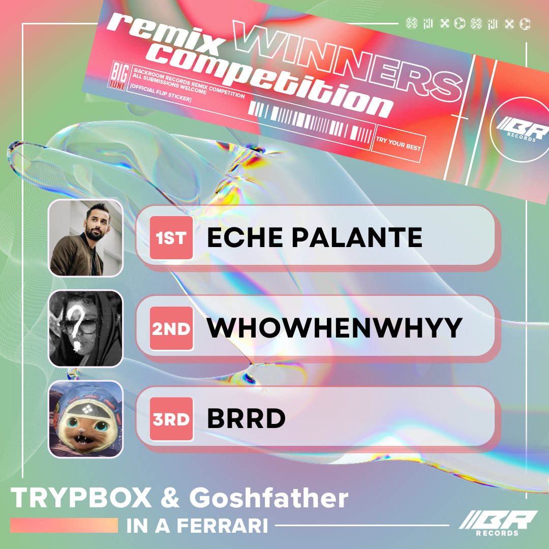 Our "In a Ferrari" remix competition winners are here!

🥇 <a href="/EchePalante/">Eche Palante</a>
🥈 whowhenwhyy
🥉 Brrd

Shoutout to <a href="/trypbox/">TRYPBOX</a> and <a href="/GoshfatherTV/">goshfather</a> for hosting and a special thank you to all the talented artists who entered a submission! Stay tuned for the official remix album 🎶