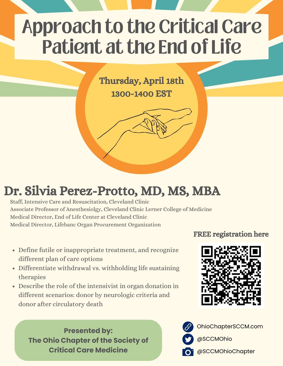🚨 Webinar Update! 🚨 Join us Thursday, April 18th at 1300 EST for a webinar entitled: Approach to the Critical Care Patient at the End of Life Discussion lead by @perez_protto 👉 Register online at buff.ly/3PvGFpS