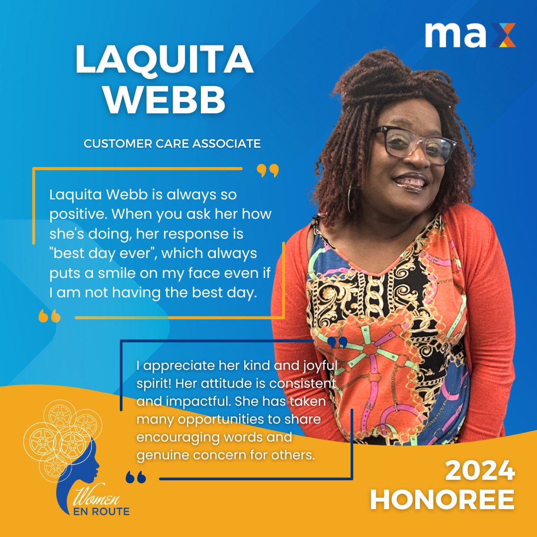 BJCTAMAX's tweet photo. Let's celebrate LaQuita Webb for the light she brings into our lives! ☀️ MAX is glad to recognize her as a 2024 Women En Route Honoree! Laquita's radiant spirit and uplifting energy reminds us all to embrace each day with gratitude. #MAXTransit #WomenEnRoute https://t.co/XPUx3h5heF