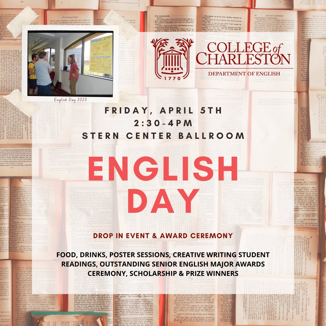 SAVE THE DATE! 

ENGLISH DAY is in two weeks on Friday, April 5th in the Stern Center Ballroom from 2:30-4!