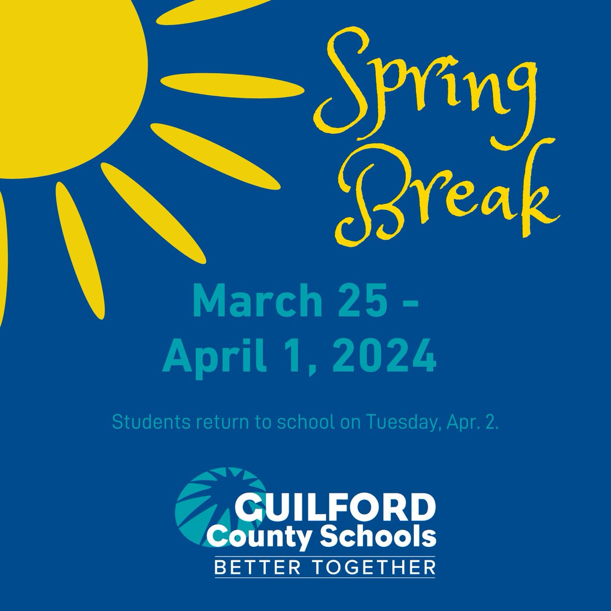 GCSFamilyAcad's tweet photo. Guilford County Schools will observe Spring Break from March 25 until April 1. Students will return on Tuesday, April 2. We hope everyone has a safe and restful break! Pick up a good book and don't forget to spend some time reading. #GCSReads30 https://t.co/sO01nxfMGo