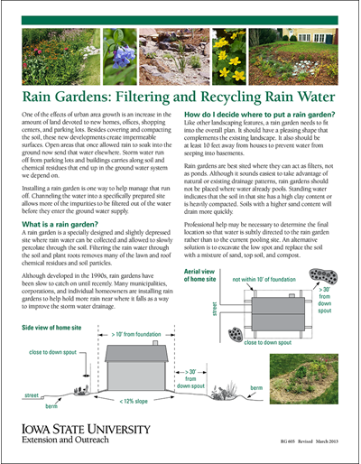 Rain gardens collect and filter rainwater to improve stormwater management. They also can provide an attractive habitat for birds, butterflies, and beneficial insects.

store.extension.iastate.edu/Product/12607