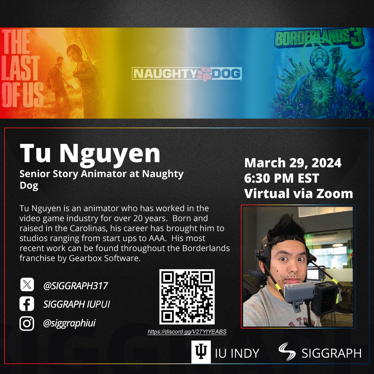 SIGGRAPH317's tweet photo. 🌟 Exciting Announcement! 🌟
Join us for an exclusive Zoom session March 29th at 6:30 PM EST featuring a special guest speaker, Tu Nguyen, Story Animator at Naughty Dog! 🎮🎬
Don't miss out on this incredible opportunity to learn from a seasoned industry professional! https://t.co/nSGOExsIzK