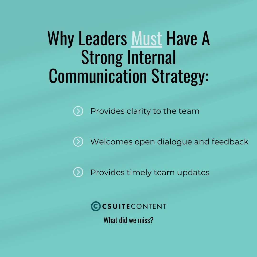 CSuiteContent's tweet image. Okay leaders, it&apos;s time to set the stage for success. 

As leaders, a strong internal comms strategy is your North Star for effectively communicating your goals and expectations. 

Here&apos;s why.👇