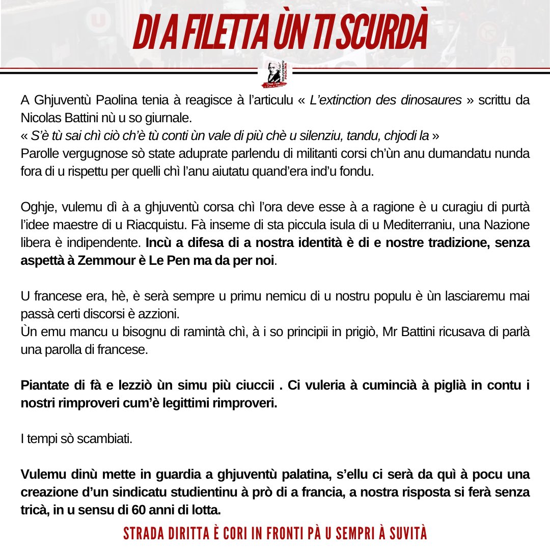 Ghju_Paolina's tweet photo. 𝘾𝙐𝙈𝙐𝙉𝙄𝘾𝘼𝙏𝙐

[…] U francese era, hè, è serà sempre u primu nemicu di u nostru populu è ùn lasciaremu mai passà certi discorsi è azzioni https://t.co/CH4E9Lo5wr