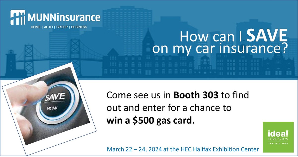 MunnInsurance's tweet image. 🚗🏡 Ready to save big on your insurance? Visit Booth 303, Nova Scotia Spring Ideal Home Show! Munn Insurance shares tips to lower home and auto premiums. Plus, enter to win a $500 gas gift card! Don't miss out! 💰
