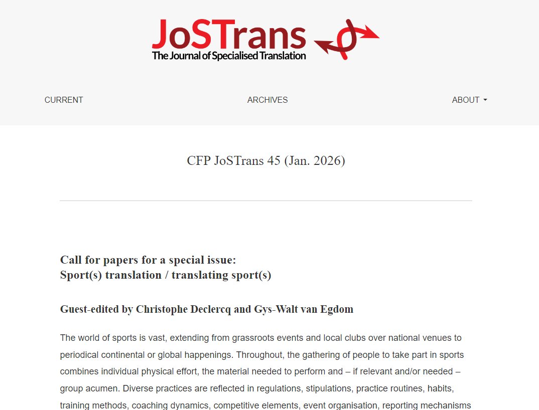 We are delighted to launch our brand new CFP for a special issue Sport(s) translation / translating sport(s) guest-edited by Christophe Declercq &amp; Gys-Walt van Egdom!

👉Deadline for abstracts: 8 June 2024

jostrans.org/about/cfp45