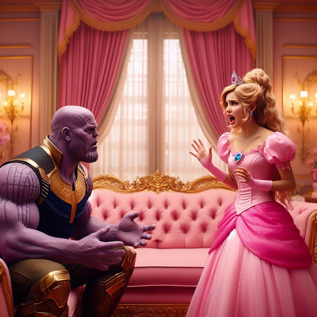 StoryOfDrake's tweet photo. Princess Peach asks Thanos what he thought of her new game, Princess Peach: Showtime! Thanos accidentally says it "wasn't that bad", implying he has a low opinion of the game. Princess Peach gets angry and dumps Thanos. https://t.co/pOc7pW7mur