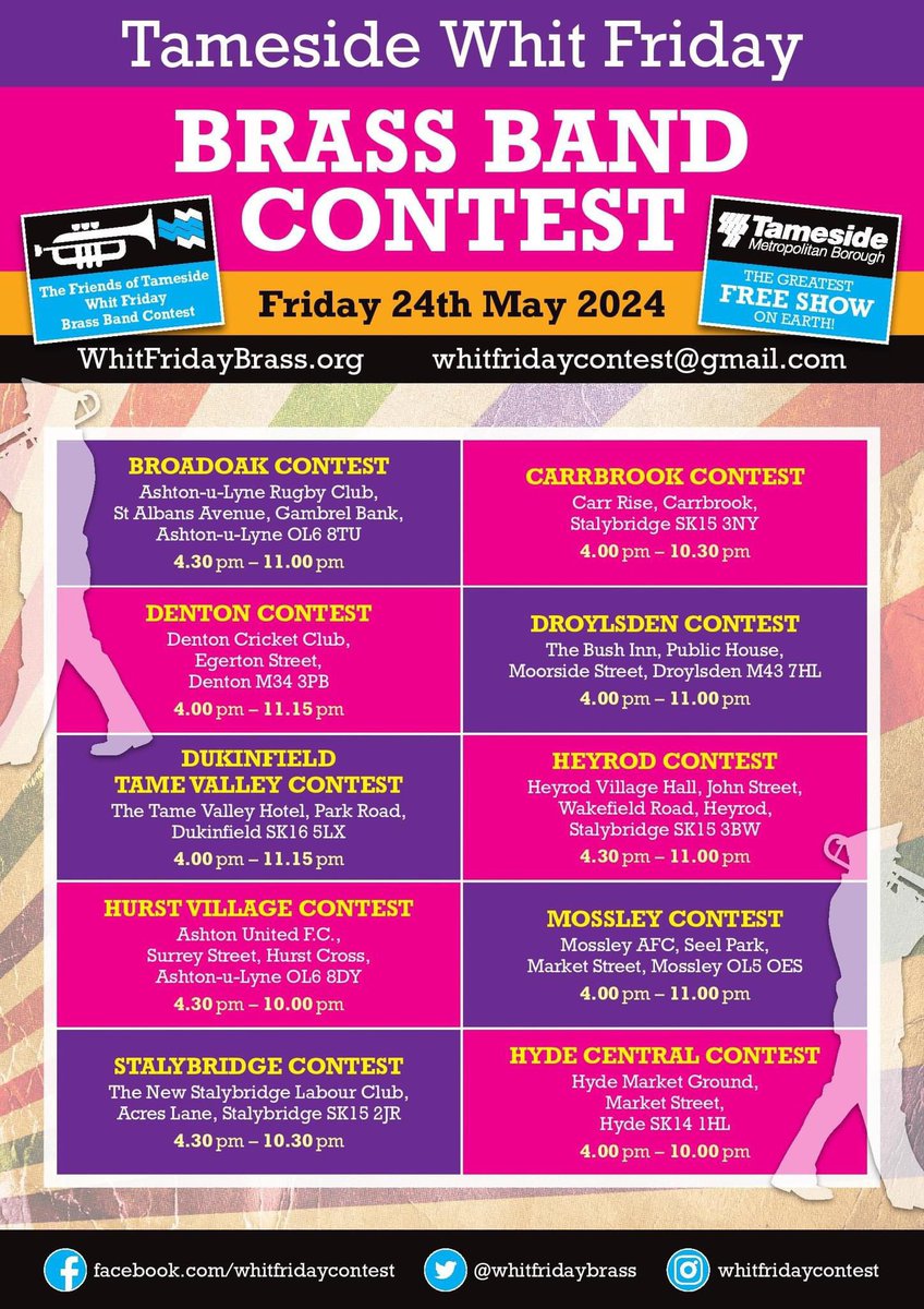We are delighted to announce a brand-new #WhitFriday Brass Band Contest is coming to Hyde. Starting at this year’s contest Hyde Market Place will join the 9 other contests and Tameside will once again resound to the brilliant sound of #brass on Friday.
#whitfriday2024 #brassbands