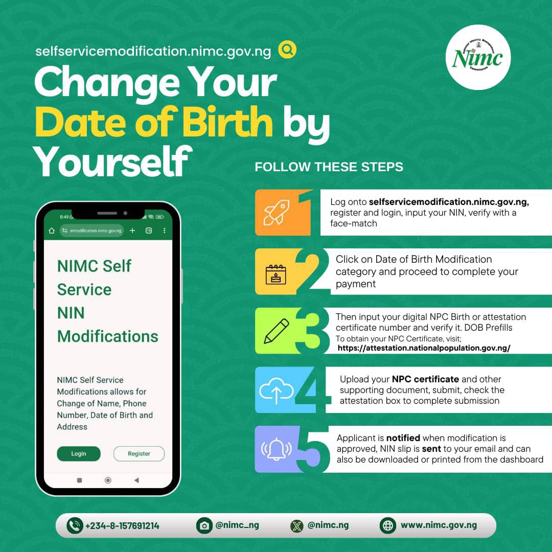 Discover a seamless method to update your Date of Birth with these straightforward steps via selfservicemodification.nimc.gov.ng 1. Begin by verifying your NIN and logging in. 2. Navigate to your dashboard and select the date of birth modification option. 3. Complete the payment for the