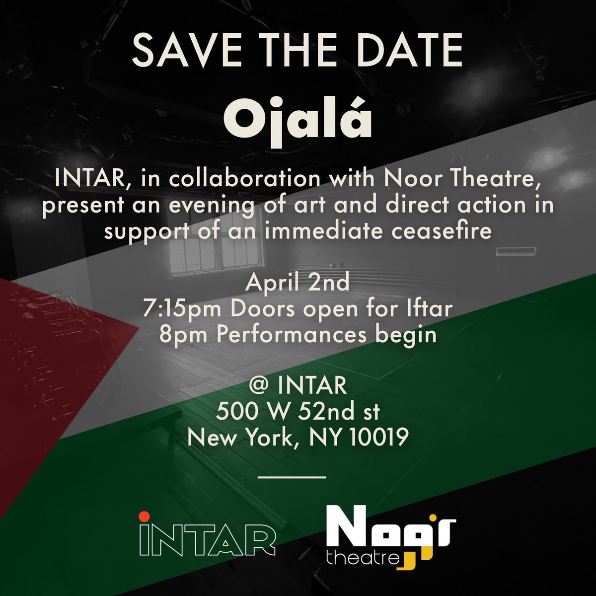 INTAR, in collaboration with <a href="/NoorTheatre/">Noor Theatre</a> , present an evening of art and direct action in support of an immediate ceasefire. Stay tuned for more info. 

#ceasfire #intar #noortheater